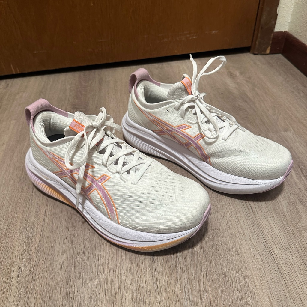 W9.5 Asics Gel-Nimbus 27 White/Light Ube (Orange/Lavendar/Purple)